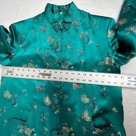 Vintage Chinese Silk Robe Teal Floral Embroidered Mandarin Collar Frog Button 38 - Picture 6 of 10
